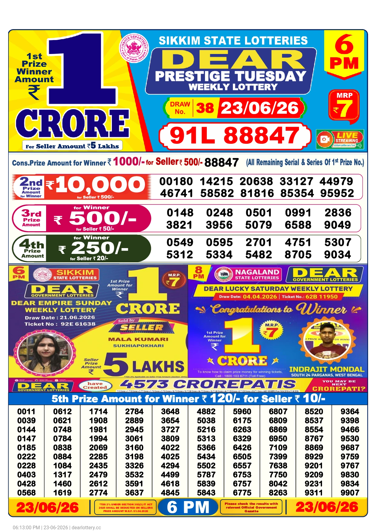 Lottery Sambad Result 6PM Today (23-06-2026)